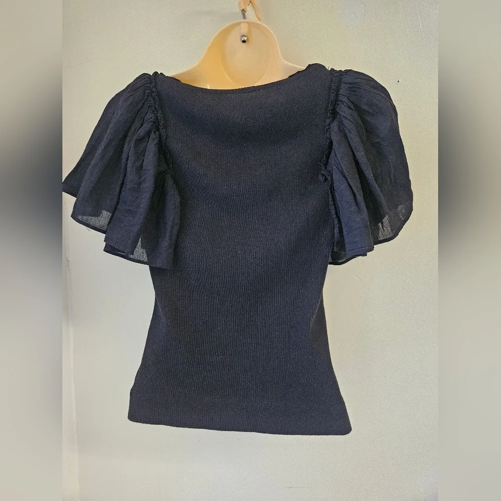 Maeve By Anthropologie -Blouse Women's XS Black ,Ruffled Puff Sleeve - Picture 2 of 6